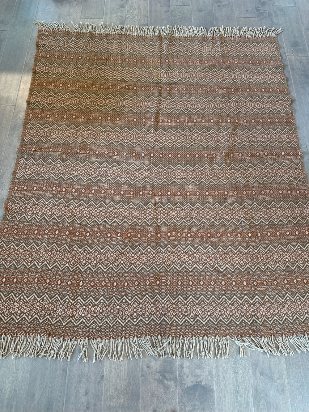 100% wool Woven Geometric Fringe Throw Blanket - Brown and Cream